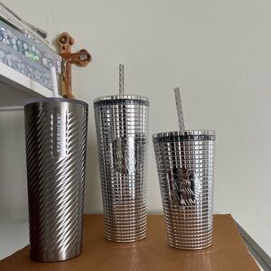 Starbucks Metallic Silver and Black Tumbler Trio